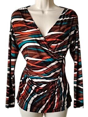 NWOT S-Twelve S-12 Ruched Surplice Jersey Knit Top S Brown Teal Swirls